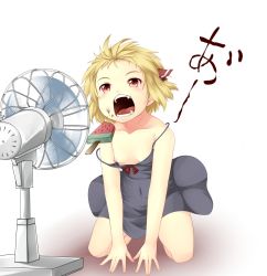 Rule 34 | 1girl, collarbone, covered navel, electric fan, fangs, fanning face, female focus, flat chest, food, fruit, hair ribbon, highres, kneeling, natsuki mitsu, nipple slip, nipples, off shoulder, open mouth, popsicle, ribbon, rumia, see-through, short hair, solo, strap slip, teeth, touhou, watermelon, watermelon bar, white background
