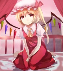 Rule 34 | 1girl, ascot, bad id, bad pixiv id, barefoot, bed, blonde hair, bow, flandre scarlet, hat, hat bow, hizagawa rau, red eyes, sash, side ponytail, sitting, solo, touhou, wariza, wings