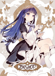 Rule 34 | 1girl, aluce, bishop (chess), blue eyes, blue hair, blunt bangs, bow, bowtie, bug, butterfly, cat tail, chess piece, closed mouth, cup, dress, frederica bernkastel, frilled dress, frills, highres, holding, holding cup, insect, juliet sleeves, long dress, long hair, long sleeves, looking at viewer, puffy sleeves, purple eyes, purple hair, saucer, serious, sitting, solo, tail, tail ornament, tail ring, tea, teacup, umineko no naku koro ni, white legwear, witch