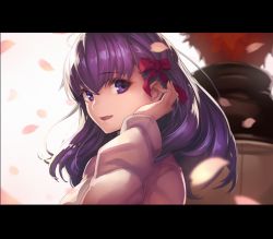 Rule 34 | 1boy, 1girl, asymmetrical bangs, cardigan, cherry blossoms, emiya shirou, fate/stay night, fate (series), hand up, jacket, letterboxed, long hair, looking at viewer, matou sakura, open mouth, parted lips, petals, purple eyes, purple hair, purple ribbon, red hair, ribbon, solo focus, tef, track jacket, upper body, wind