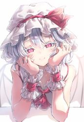 Rule 34 | 1girl, bare shoulders, bat wings, closed mouth, collarbone, darjeeling (reley), dress, elbow rest, frilled shirt, frilled shirt collar, frills, grey hair, hat, head on hand, highres, mob cap, red eyes, red neckwear, remilia scarlet, shirt, short hair, sleeveless, slit pupils, smile, solo, touhou, wings, wrist cuffs