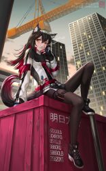 Rule 34 | 1girl, animal ear fluff, animal ears, arknights, black capelet, black footwear, black hair, black pantyhose, black shorts, box (hotpppink), brown eyes, building, capelet, cigarette, commentary, crane (machine), hair between eyes, hand up, holding, holding cigarette, jacket, knee up, long hair, long sleeves, looking at viewer, multicolored hair, outdoors, pantyhose, red hair, shipping container, shoes, short shorts, shorts, sitting, smoke, smoking, sneakers, solo, tail, texas (arknights), thighs, two-tone hair, white jacket, wolf ears, wolf tail, yellow eyes