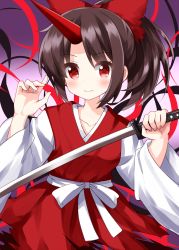 Rule 34 | 1girl, bow, closed mouth, cowboy shot, gradient background, hair bow, highres, holding, holding sword, holding weapon, horns, japanese clothes, kimono, konngara (touhou), long sleeves, looking at viewer, oni horns, ponytail, red bow, red eyes, red horns, red kimono, ruu (tksymkw), short hair, single horn, smile, solo, sword, touhou, touhou (pc-98), weapon, wide sleeves