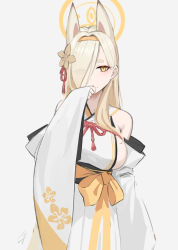 Rule 34 | 1girl, animal ears, bare shoulders, blonde hair, blue archive, blush, breasts, eyeliner, floral print, fox ears, hairband, halo, hayabusa, highres, japanese clothes, kaho (blue archive), kimono, large breasts, long hair, long sleeves, looking at viewer, makeup, obi, sash, sideboob, solo, white kimono, wide sleeves, yellow eyes