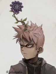 Rule 34 | 1boy, commentary, crown, english commentary, flower, flower on head, frown, furrowed brow, highres, hood, hoodie, looking to the side, male focus, original, pink hair, plant, portrait, signature, snoozincopter, solo, twitter username, vines