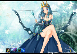 Rule 34 | 1girl, arrow (projectile), ashe (league of legends), barefoot, blue eyes, blue hair, blush, bow (weapon), breasts, cheng, cleavage, crossed legs, crown, dress, highres, league of legends, letterboxed, long hair, queen ashe, sitting, smile, solo, very long hair, weapon