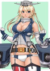 Rule 34 | 10s, 1girl, adapted costume, asymmetrical legwear, belt buckle, blonde hair, blue eyes, breasts, buckle, cleavage, cowboy shot, elbow gloves, fingerless gloves, front-tie top, garter straps, gloves, hair between eyes, highres, iowa (kancolle), kantai collection, large breasts, looking at viewer, machinery, mismatched legwear, panties, shigenobu, smile, solo, striped clothes, striped panties, striped thighhighs, thighhighs, underwear, vertical-striped clothes, vertical-striped thighhighs, white panties