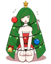 Rule 34 | 1girl, alternate hair color, bad id, bad pixiv id, bell, belt, blush stickers, candy, candy cane, christmas lights, christmas ornaments, christmas tree costume, creatures (company), dress, flying sweatdrops, food, game freak, green eyes, green hair, long hair, looking at viewer, lusamine (pokemon), nintendo, nutkingcall, pokemon, pokemon sm, santa costume, santa dress, seiza, sitting, solo, very long hair, white background