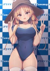 Rule 34 | 1girl, bare arms, bare shoulders, black one-piece swimsuit, blonde hair, blush, breasts, brown hat, collarbone, cowboy shot, darumoon, double v, hair ribbon, hat, highres, large breasts, long hair, moriya suwako, one-piece swimsuit, open mouth, red ribbon, ribbon, school swimsuit, solo, swimsuit, thighhighs, touhou, tress ribbon, v, white thighhighs, yellow eyes