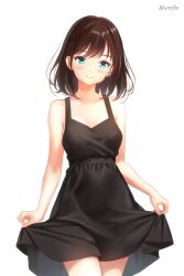 Rule 34 | 1girl, bare arms, bare shoulders, black dress, blue eyes, blush, breasts, brown hair, closed mouth, collarbone, commentary request, cowboy shot, dress, highres, looking at viewer, original, signature, simple background, skirt hold, sleeveless, sleeveless dress, small breasts, smile, solo, white background, yuluvine