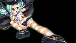Rule 34 | 1girl, black background, black coat, boots, brown eyes, chinkyuu, clenched hand, coat, cutoffs, denim, denim shorts, flying kick, full body, green hair, hair bobbles, hair ornament, hairclip, hat, highres, katagiri hinata, kicking, koihime musou, long hair, midriff, navel, official art, open mouth, outstretched arm, shirt, short shorts, shorts, simple background, solo, striped clothes, striped thighhighs, thighhighs, twintails, white shirt