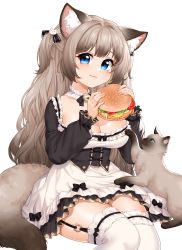 Rule 34 | 1girl, animal ears, black hair, blue eyes, blush, breasts, brown hair, burger, cat, cat ears, cat girl, cat tail, cleavage, closed mouth, commission, eating, eyebrows, food, garter straps, gradient hair, highres, holding, holding food, indie virtual youtuber, large breasts, long hair, looking at viewer, maid, multicolored hair, nanasae (vtuber), over-kneehighs, sitting, smile, solo, susukitten, tail, thighhighs, virtual youtuber, wavy hair, white thighhighs