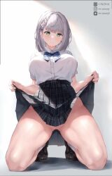 Rule 34 | 1girl, animated, animated gif, bow, bowtie, breasts, clothes lift, green eyes, grey hair, hololive, large breasts, mr.canaryy, no panties, pussy, school uniform, shirogane noel, skirt, skirt lift, solo, virtual youtuber