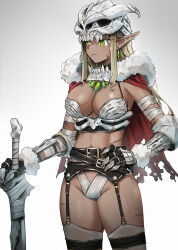 Rule 34 | 1girl, bandaged arm, bandages, black garter belt, black garter straps, blonde hair, breasts, cape, closed mouth, cowboy shot, dark-skinned female, dark elf, dark skin, doushimasho, earrings, elf, facial scar, fur-trimmed cape, fur trim, garter belt, garter straps, gauntlets, gradient background, green eyes, grey background, hand on own hip, highleg, highres, holding, holding sword, holding weapon, jewelry, long hair, original, pointy ears, red cape, scar, scar on cheek, scar on face, scar on stomach, skull on head, solo, sword, thighhighs, weapon, white thighhighs