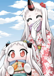 Rule 34 | 10s, 2girls, :3, ^ ^, abyssal ship, alternate hairstyle, blush, carrot, claws, closed eyes, contemporary, closed eyes, flower, hair ornament, horns, japanese clothes, kantai collection, kimono, multiple girls, northern ocean princess, pale skin, red eyes, scarf, seaport princess, sheep, single horn, twintails, white hair, yamato nadeshiko