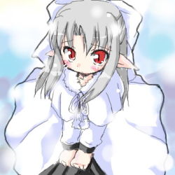 Rule 34 | 00s, 1girl, blush, dress, half updo, lowres, melty blood, pointy ears, red eyes, ribbon, sad, silver hair, snow, solo, tsukihime, type-moon, white len (tsukihime)