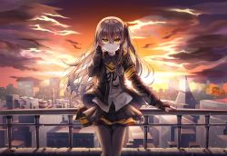 Rule 34 | absurdres, against railing, bad id, bad pixiv id, black gloves, black skirt, brown eyes, brown hair, clming, cloud, cloudy sky, commentary, dusk, english commentary, fingerless gloves, girls&#039; frontline, gloves, hair between eyes, highres, jacket, against railing, long hair, long sleeves, looking at viewer, one side up, open clothes, open jacket, pantyhose, pleated skirt, railing, scar, scar across eye, scar on face, shirt, skirt, sky, skyline, smile, ump45 (girls&#039; frontline), white shirt, yellow eyes