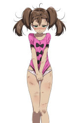 Rule 34 | 1girl, black bow, blush, bow, brown hair, bruise, clothes pull, creatures (company), crying, crying with eyes open, cuts, feet out of frame, female focus, game freak, green eyes, injury, looking at viewer, messy hair, nintendo, no pants, panties, pink shirt, pokemon, pokemon xy, polka dot, polka dot panties, shauna (pokemon), shirt, shirt pull, short sleeves, simple background, solo, tears, tsukishiro saika, twintails, underwear, white background, white panties
