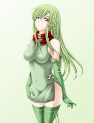 Rule 34 | 1girl, bare shoulders, breasts, elbow gloves, fire emblem, fire emblem: mystery of the emblem, gloves, gradient background, green background, green eyes, green gloves, green hair, green skirt, green theme, green thighhighs, headband, highres, long hair, looking at viewer, matching hair/eyes, nintendo, palla (fire emblem), red scarf, ribbon, scarf, side slit, sidelocks, skin tight, skirt, smile, solo, tamamon, thighhighs