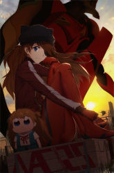 Rule 34 | 1girl, 3:, animal ears, animal hat, bkub (style), black hat, blue eyes, bodysuit, box, brown hair, chibi, closed mouth, cloud, commentary, eva 02, eyepatch, from side, full body, hand on own cheek, hand on own face, hat, highres, jacket, knees up, long hair, long sleeves, looking at viewer, neon genesis evangelion, outdoors, plugsuit, poptepipic, red bodysuit, red jacket, red ribbon, ribbon, school uniform, solo, souryuu asuka langley, sunset, ttc, wind