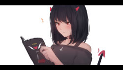 Rule 34 | 1girl, ^^^, absurdres, black hair, black shirt, demon tail, highres, horns, letterboxed, original, red horns, shimmer, shirt, simple background, solo, tail, white background