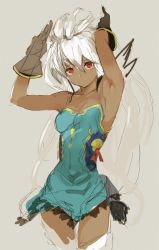Rule 34 | 1girl, armpits, black gloves, blue dress, breasts, closed mouth, commentary, cowboy shot, dark skin, dark-skinned female, dot mouth, dress, gloves, granblue fantasy, grey background, hands up, long hair, looking at viewer, medium breasts, red eyes, short dress, simple background, sketch, so-bin, solo, standing, strapless, strapless dress, white hair, zooey (granblue fantasy)