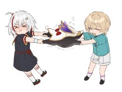 Rule 34 | 1boy, 1girl, 1other, aged down, arms up, aventurine (honkai: star rail), belt, black dress, black footwear, blonde hair, blue shirt, blush, bow, buttons, child, closed eyes, closed mouth, collared shirt, creature, crying, dress, flying sweatdrops, full body, grabbing, grey hair, grey necktie, hair between eyes, hair ornament, hairpin, hashtag-only commentary, highres, honkai: star rail, honkai (series), multicolored hair, necktie, numby (honkai: star rail), open mouth, puffy short sleeves, puffy sleeves, red belt, red bow, red hair, rende2vou3, sad, shirt, shoes, short hair, short sleeves, shorts, simple background, socks, standing, streaked hair, tears, topaz (honkai: star rail), trembling, trotter (honkai: star rail), v-shaped eyebrows, white background, white shorts, white socks, wristband