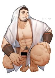 Rule 34 | 1boy, abs, absurdres, bar censor, bara, bare pectorals, beard, body hair, brown hair, censored, chest hair, facial hair, flaccid, foreskin, full body, hairy, highres, large pectorals, leg hair, looking to the side, male focus, male pubic hair, muscular, muscular male, naked robe, navel, navel hair, nipples, original, pectorals, penis, peterhl, pubic hair, robe, short hair, solo, squatting, stomach, stubble, thick eyebrows, thick thighs, thighs, yellow eyes