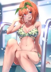 Rule 34 | 1girl, :d, bare arms, bare legs, bare shoulders, bikini, blue eyes, blurry, breasts, cleavage, clover print, collarbone, depth of field, feet out of frame, go-toubun no hanayome, green bikini, green hairband, green ribbon, hair between eyes, hair ribbon, hairband, highres, indoors, kagari liroi, medium breasts, nakano yotsuba, navel, open mouth, orange hair, pool ladder, print bikini, ribbon, short hair, side-tie bikini bottom, sitting, smile, solo, stomach, swimsuit, wet