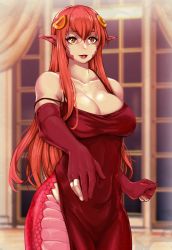 Rule 34 | 1girl, absurdres, bare shoulders, blurry, blurry background, breasts, cleavage, collarbone, commission, commissioner upload, cowboy shot, curtains, dress, elbow gloves, fingernails, gloves, hair between eyes, hair ornament, highres, indoors, lamia, large breasts, lipstick, long hair, makeup, miia (monster musume), monster girl, monster musume no iru nichijou, pointy ears, red hair, scales, scribblesquab, shiny skin, sidelocks, slit pupils, solo, yellow eyes