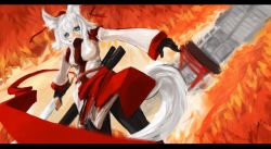 Rule 34 | 1girl, animal ears, arceonn, blue eyes, border, breasts, female focus, fire, gloves, hat, inubashiri momiji, letterboxed, pantyhose, solo, sword, tail, tokin hat, touhou, weapon, white hair, wolf ears, wolf tail