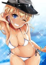 Rule 34 | 10s, 1girl, bad id, bad twitter id, bikini, blonde hair, blue eyes, blush, breasts, cleavage, collarbone, grin, hat, highres, kantai collection, leaning forward, long hair, looking at viewer, medium breasts, nail polish, navel, one eye closed, peaked cap, prinz eugen (kancolle), purple nails, side-tie bikini bottom, skindentation, smile, solo, swimsuit, tan, twintails, twisted torso, v, white bikini, wristband, youkan (mattya youkan)