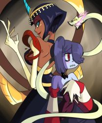 Rule 34 | 2girls, bare shoulders, blue eyes, blue skin, breasts, colored skin, detached collar, dress, eliza (skullgirls), female focus, hair over one eye, leviathan (skullgirls), monster girl, multiple girls, red eyes, side ponytail, skullgirls, squigly (skullgirls), stitched mouth, stitches, striped, striped sleeves, yellow eyes, zombie