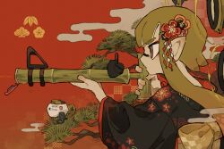 Rule 34 | 1girl, autobomb (splatoon), bamboozler 14 (splatoon), black kimono, cloud, commentary request, flower, from side, green hair, gun, hair flower, hair ornament, highres, holding, holding gun, holding weapon, inkling, inkling girl, inkling player character, japanese clothes, killer wail 5.1 (splatoon), kimono, long hair, nintendo, p0m4 p0m4, pointy ears, red background, solo, splatoon (series), splatoon 3, tentacle hair, tree, weapon
