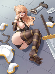 Rule 34 | 1girl, absurdres, armor, arms behind back, ass, bdsm, belt, black gloves, black leotard, black thighhighs, blonde hair, blue eyes, blush, bondage, boots, bound, bound ankles, bound arms, bound feet, bound legs, breastplate, breasts, brown belt, brown footwear, chinese commentary, commentary request, drooling, elbow gloves, feet, fur-trimmed boots, fur trim, furrowed brow, gloves, gold trim, halter leotard, halterneck, heart, heart-shaped pupils, high heel boots, high heels, highres, large breasts, leotard, long hair, looking at viewer, lying, nipples, no shoes, on floor, on side, one breast out, open mouth, original, restrained, rope, saliva, shibari, shibari over clothes, shoes, shoulder armor, skindentation, soles, solo, stone floor, sword, symbol-shaped pupils, t zhonglang, thighhighs, toes, unworn armor, unworn shoes, weapon, white armor