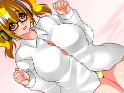 Rule 34 | 1girl, bespectacled, blonde hair, blouse, blush, breasts, brown eyes, covered erect nipples, female focus, glasses, headphones, huge breasts, isna (footprintsofisna), large breasts, looking at viewer, naked shirt, nitroplus, no bra, no pants, open mouth, orange eyes, panties, plump, shirt, short hair, smile, solo, super pochaco, twintails, underwear, white shirt