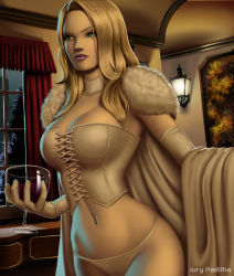 Rule 34 | 10s, 1girl, blonde hair, blue eyes, breasts, bustier, cape, chalice, cleavage, cup, drinking glass, elbow gloves, emma frost, fur trim, gloves, iury padilha, large breasts, lipstick, long hair, makeup, marvel, midriff, navel, panties, solo, underwear, white panties, wine glass, x-men