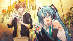 Rule 34 | 1boy, 1girl, :d, arm tattoo, barefoot, black jacket, blue nails, blue necktie, commentary request, cup, detached sleeves, fork, graffiti, green eyes, hatsune miku, headphones, headset, highres, holding, holding cup, holding fork, hood, hoodie, jacket, long hair, long sleeves, looking at viewer, microphone, multicolored hair, nail polish, necktie, nissin cup noodle, number tattoo, official art, open mouth, orange hair, project sekai, shinonome akito, shirt, sidelocks, smile, streaked hair, suzunosuke (sagula), tattoo, twintails, very long hair, vocaloid, wall, white shirt, yellow hoodie