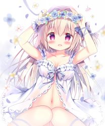 Rule 34 | 1girl, :d, armpits, arms up, azumi kazuki, bare shoulders, blue bow, blue flower, blue rose, blush, bow, breasts, brown hair, collarbone, commentary request, dress, flower, flower wreath, hair between eyes, hair bow, hair intakes, head wreath, highres, knees together feet apart, knees up, long hair, looking at viewer, medium breasts, navel, open mouth, original, pink flower, purple eyes, rose, sitting, smile, solo, striped, striped bow, very long hair, white dress, white flower, wrist cuffs