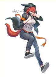 Rule 34 | 1girl, arknights, armband, augetsix, black footwear, black jacket, black pants, crownslayer (arknights), dated, full body, highres, hood, hood up, hooded jacket, jacket, long sleeves, mask, mouth mask, one eye closed, open clothes, open jacket, pants, red eyes, red hair, reunion logo (arknights), shirt, shoes, short hair, simple background, sneakers, solo, tail, twitter username, white background, white shirt