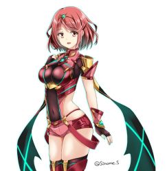 Rule 34 | 1girl, armor, blush, breasts, fingerless gloves, gloves, large breasts, looking at viewer, nintendo, pyra (xenoblade), shinohara shinome, short hair, simple background, smile, solo, white background, xenoblade chronicles (series), xenoblade chronicles 2, xenoblade chronicles (series), xenoblade chronicles 2