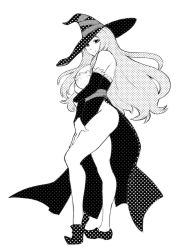 Rule 34 | 1girl, ass, bare shoulders, breast hold, breasts, curvy, detached sleeves, dragon&#039;s crown, dress, female focus, greyscale, hat, hip focus, large breasts, legs, long hair, looking at viewer, monochrome, no panties, polka dot, side slit, simple background, smile, solo, sorceress (dragon&#039;s crown), standing, thick thighs, thighs, ueyama michirou, white background, witch hat