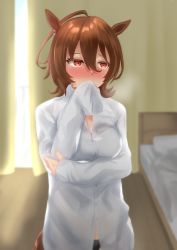 Rule 34 | 1girl, absurdres, agnes tachyon (umamusume), ahoge, animal ears, asa (azainagamasa), bed, black panties, blush, breasts, brown hair, commentary request, covering own mouth, curtains, dress shirt, earrings, highres, horse ears, horse girl, horse tail, indoors, jewelry, looking at viewer, medium breasts, panties, red eyes, shirt, short hair, single earring, sleeves past fingers, sleeves past wrists, solo, tail, umamusume, underwear, white shirt