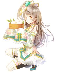 Rule 34 | 10s, 1girl, bad id, bad pixiv id, baozi, bare shoulders, blush, bow, brown eyes, brown hair, china dress, chinese clothes, detached collar, detached sleeves, dress, flower, food, frilled sleeves, frilled thighhighs, frills, from side, hair bow, hair flower, hair ornament, long hair, looking at viewer, love live!, love live! school idol festival, love live! school idol project, minami kotori, on one knee, side ponytail, sleeves past wrists, smile, solo, spoon 1122, thighhighs, very long sleeves
