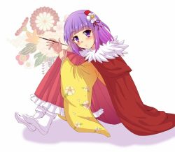 Rule 34 | 1girl, blush, calligraphy brush, cape, commentary request, floral print, flower, hair flower, hair ornament, hieda no akyuu, holding, holding brush, japanese clothes, kimono, knees up, hugging own legs, looking at viewer, paintbrush, pleated skirt, purple hair, shadow, short hair, sitting, skirt, smile, solo, touhou, utakata (azaka00), white background, white legwear, wide sleeves