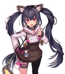 Rule 34 | &gt;:d, 1girl, :d, animal ears, badge, black hair, black thighhighs, blush, brown skirt, button badge, collar, collarbone, dolfini, golf club, hair between eyes, hand on own hip, head tilt, heart, heart print, high-waist skirt, hood, hoodie, kamdia, kooh, long hair, looking at viewer, open mouth, pangya, pinky out, red eyes, simple background, single thighhigh, skirt, sleeves past wrists, smile, solo, thigh strap, thighhighs, twintails, v-shaped eyebrows, very long hair, white background