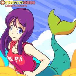 Rule 34 | 1girl, animated, areolae, bare arms, blue eyes, blush, breasts, cloud, dragon ball, large breasts, long hair, looking at viewer, mermaid, mermaid (dragon ball), monster girl, navel, nipples, no bra, on cloud, parted lips, purple hair, red shirt, shirt, simple background, sitting, sitting on cloud, sleeves rolled up, solo, twistedgrim