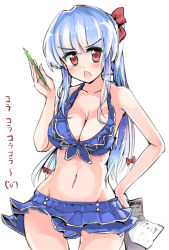 Rule 34 | 1girl, alternate costume, alternate hairstyle, blue hair, blush, bow, breasts, clipboard, hair bow, kamishirasawa keine, large breasts, long hair, looking at viewer, multicolored hair, navel, open mouth, pencil, ponytail, puuakachan, red eyes, silver hair, simple background, solo, swimsuit, touhou, translation request, two-tone hair, white background