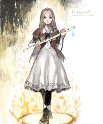Rule 34 | 1girl, bad drawr id, bad id, black pantyhose, blonde hair, blue eyes, boots, brown footwear, character request, copyright request, dress, em (emily), flute, full body, hairband, holding, holding instrument, instrument, long hair, looking at viewer, multicolored background, oekaki, original, pantyhose, parted bangs, plant, puffy short sleeves, puffy sleeves, red vest, short sleeves, smile, solo, standing, straight-on, vest, white dress