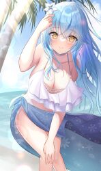 Rule 34 | 1girl, absurdres, bare shoulders, beach, bikini, blue hair, blue sarong, blush, breasts, cleavage, closed mouth, cloud, collarbone, colored tips, crossed bangs, day, elf, eyes visible through hair, flower, frilled bikini, frills, hair between eyes, hair flower, hair ornament, halterneck, hand in own hair, highres, hololive, large breasts, lens flare, light rays, long hair, looking at viewer, multicolored hair, ocean, onabe no shime, outdoors, pointy ears, revision, sarong, sky, smile, solo, streaked hair, sunbeam, sunlight, swimsuit, thighs, virtual youtuber, water, white bikini, yellow eyes, yukihana lamy